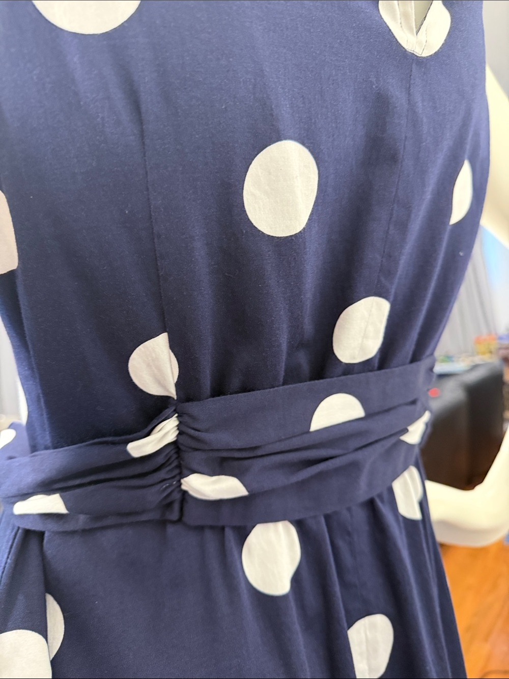 Anne Klein Navy & White Polka Dots womens Cotton Midi Dress With Sash Dress Sz S - Picture 5 of 9